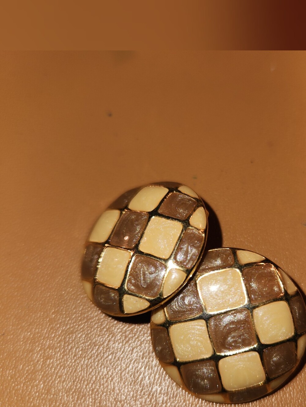 Cream and Brown Checkered Round Clip-On Earrings - Women's Jewelry